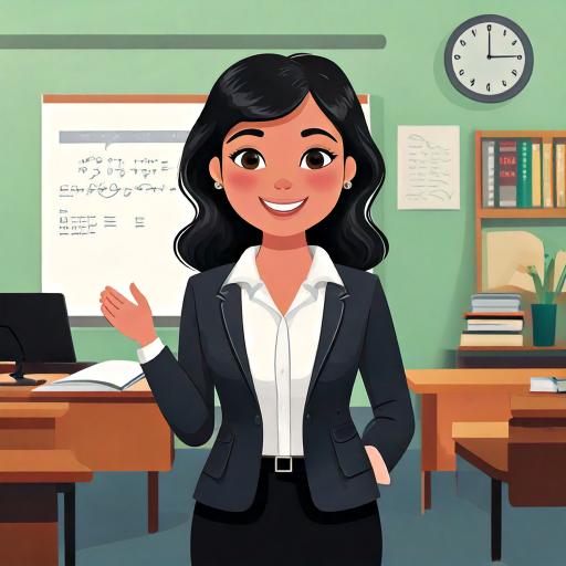 Firefly children's book illustration of dark haired teacher standing in front of the classroom 60297 vanaema värava juures lehvitamas